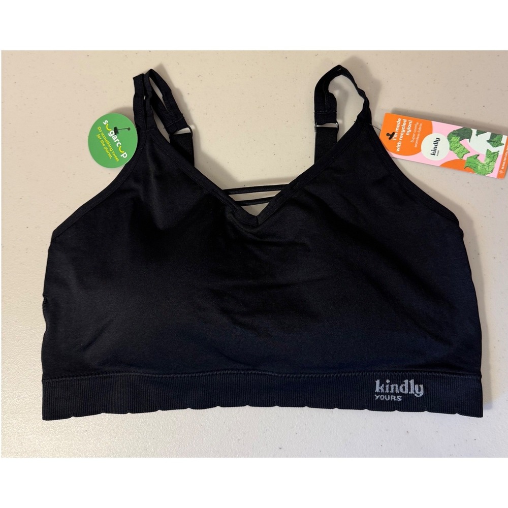 Kindly Yours Bralette Women XXL Black‎ Sustainable Seamless V-Neck Caged Strappy